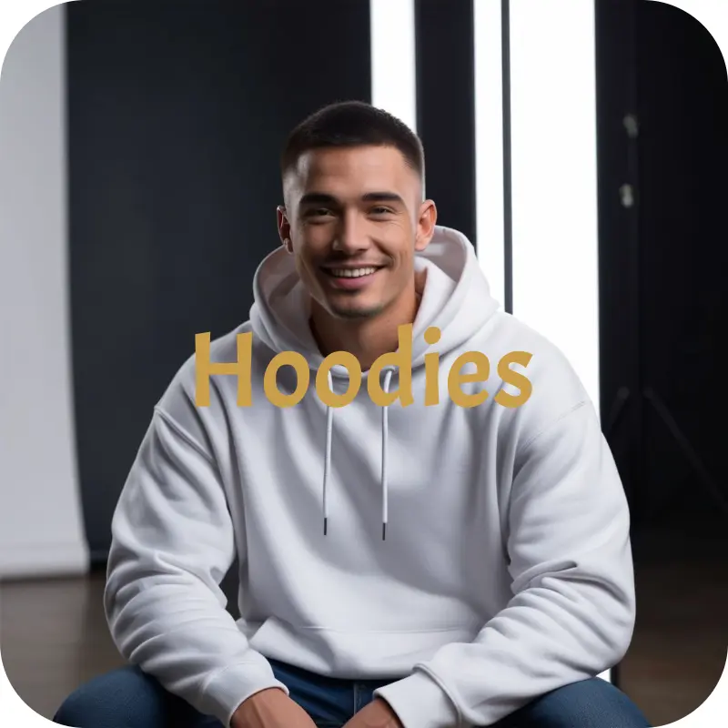 Man wearing plain white hoodie sitting and smiling in studio – Spiritual Hustle Wear hoodies collection