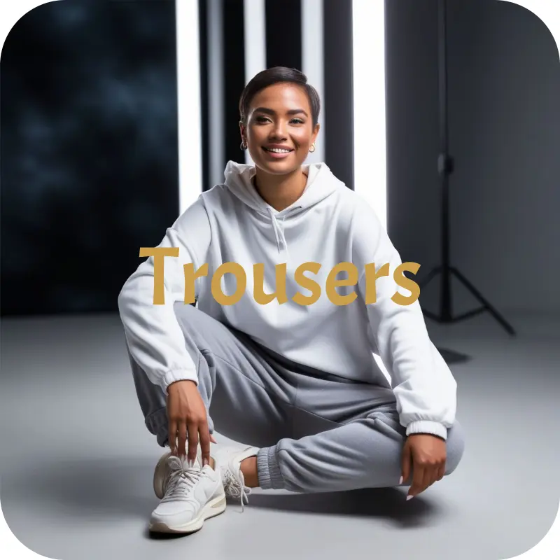 Woman wearing white hoodie and grey trousers sitting on floor in studio – Spiritual Hustle Wear trousers collection